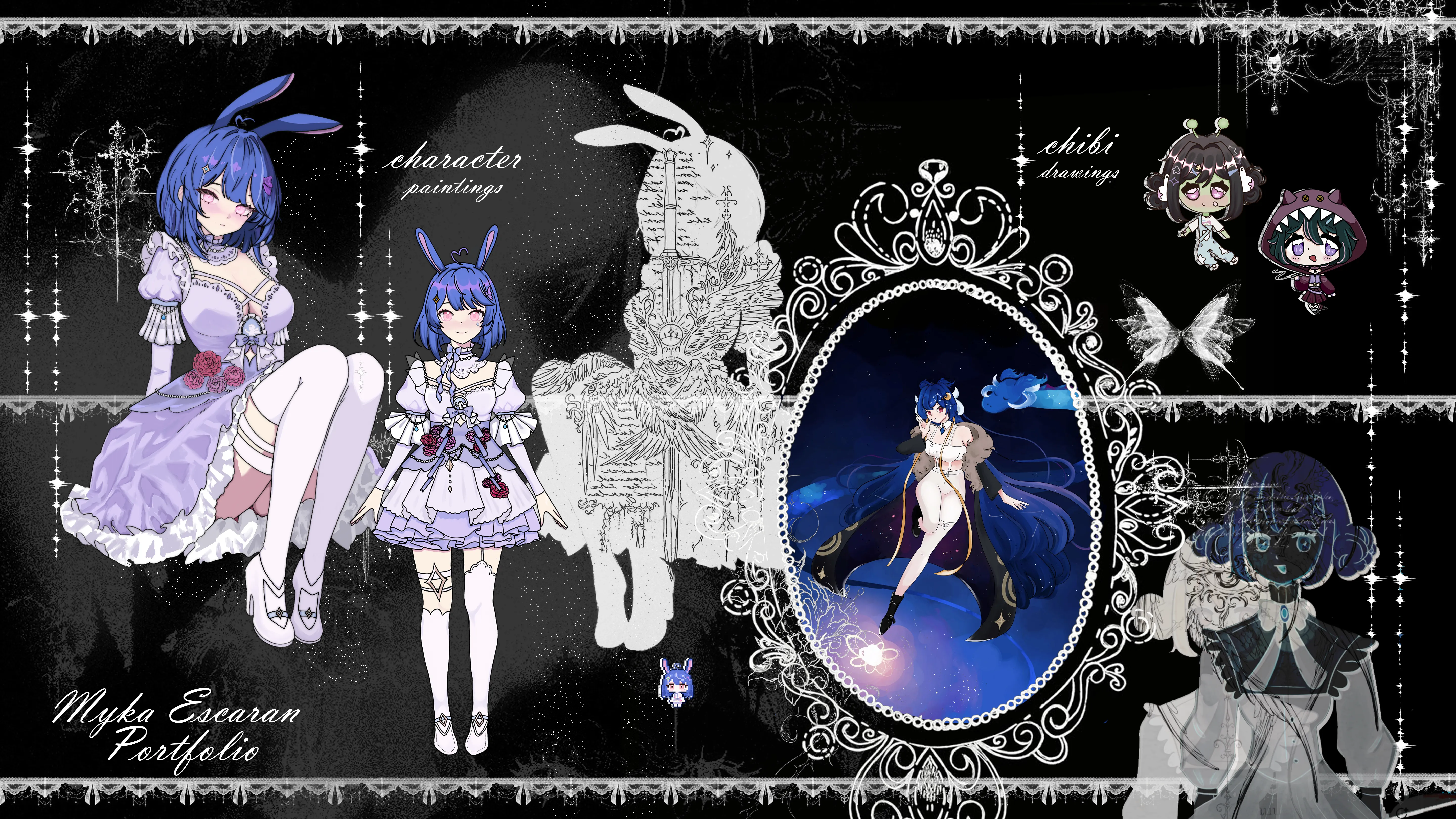 Portfolio collage: character paintings, chibi drawings, and a framed celestial illustration